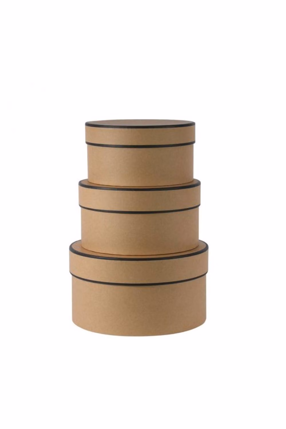 KDMD Set of 3 Round Kraft Hat Boxes with Black Trim in Brown, Height: 13 cm – 2