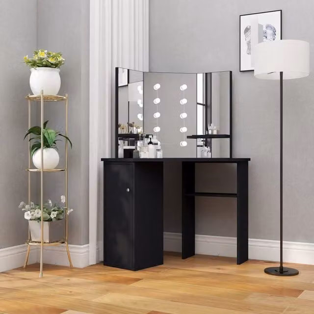 Berkfield Home Corner Dressing Table with LED in Black, W/D/H: 111 x 54 x 141.5 cm – 1