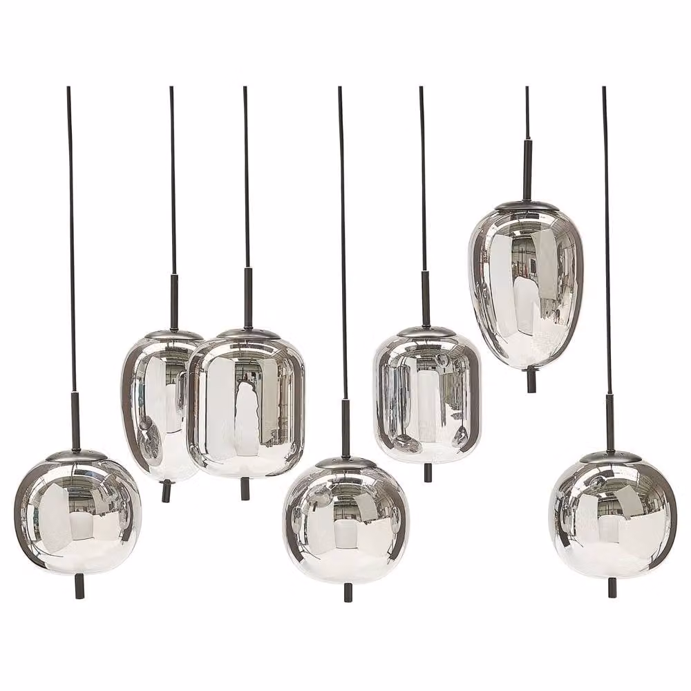 Wyld and Coco 7-Light Modern Suspended Pendant Lamp in Silver with Grey Glass Spheres