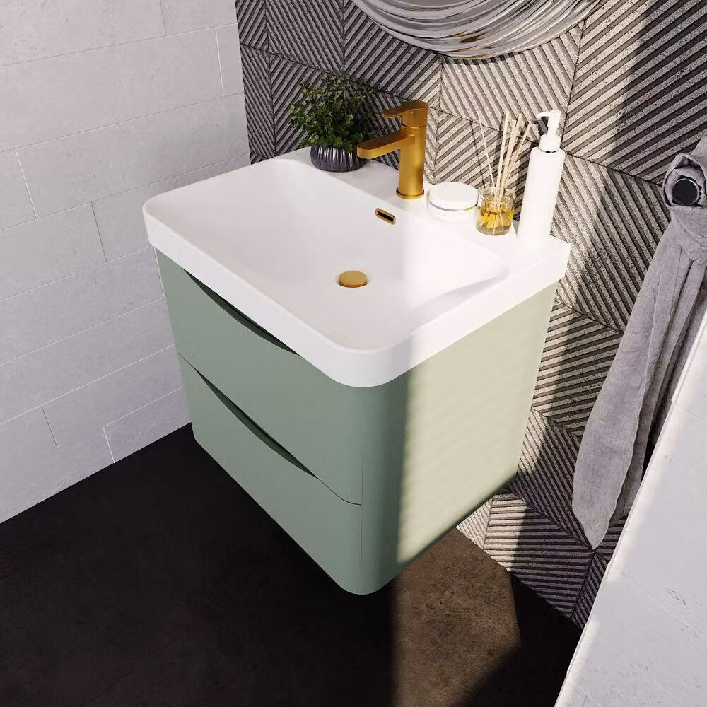 Balterley Arch Wall Hung 2 Drawer Bathroom Vanity with Ceramic Basin, Green, Width: 60 cm – 3