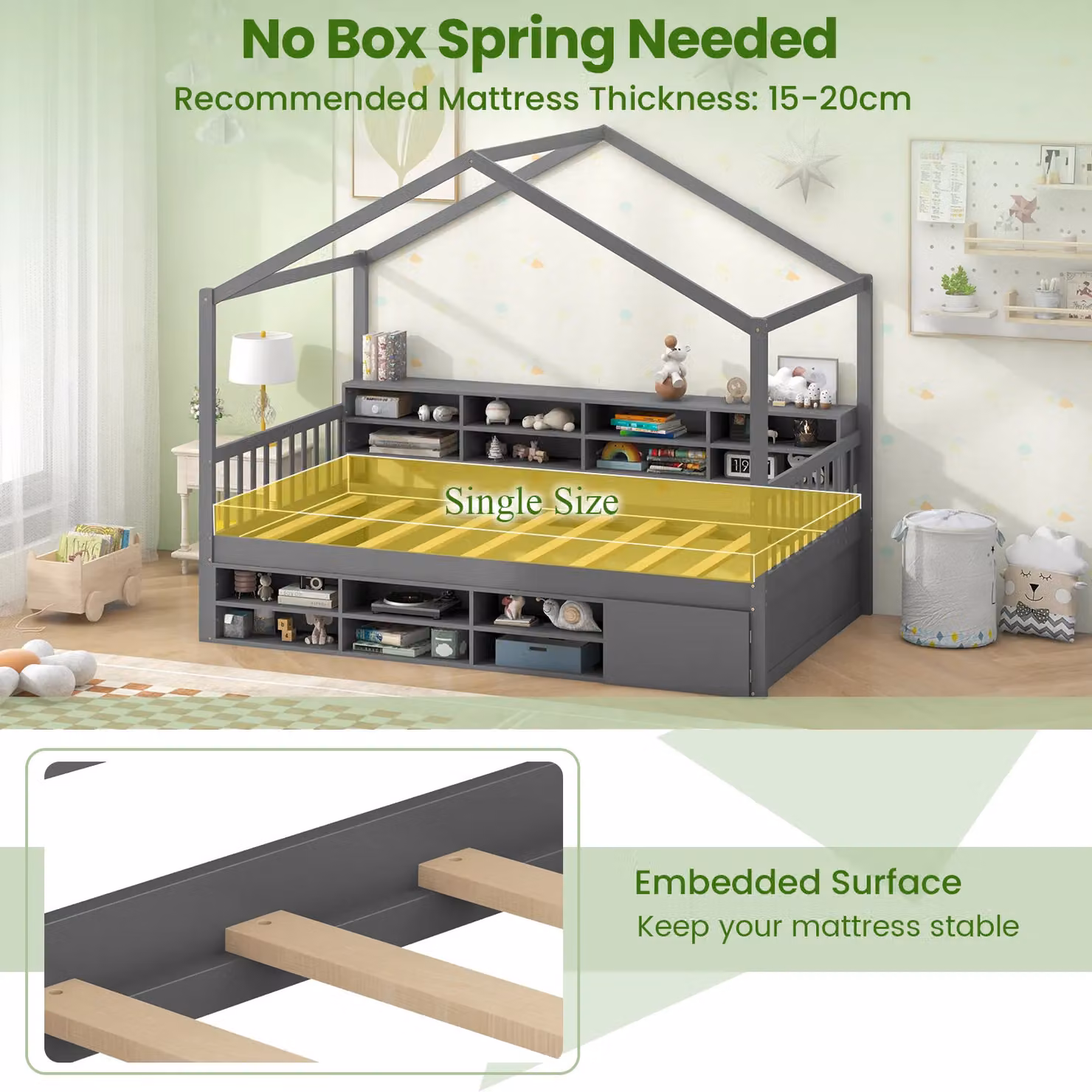 Gymax Single Size House Bed Frame with Roof and Storage Cubes in Dark Grey, 90 x 190 cm – 4