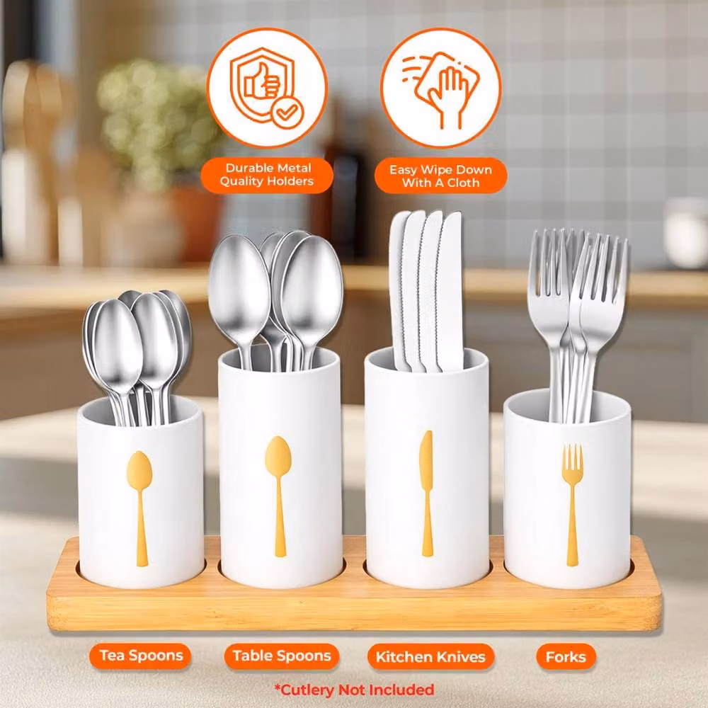 Kelvenix 4-Piece Matt White Ceramic Cutlery Pot Set with Bamboo Stands – 2