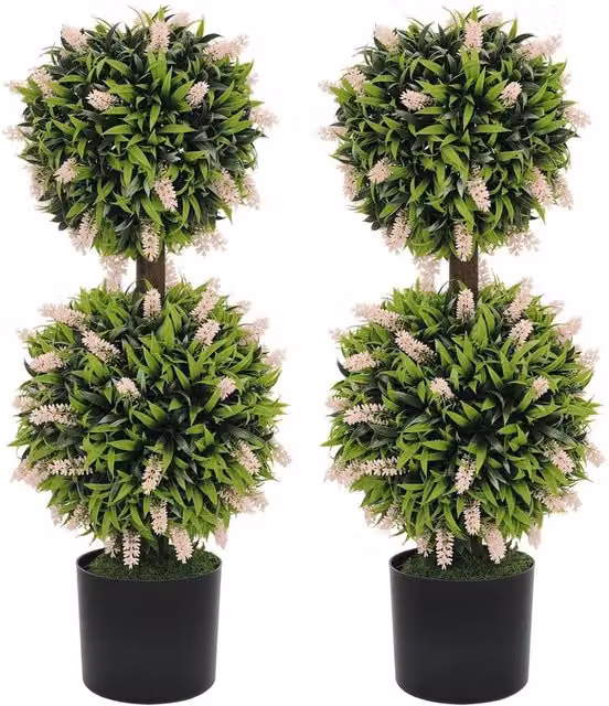 Nordara Set of 2 Green Artificial Lavender Potted Plants in Concrete Round Pots – 1