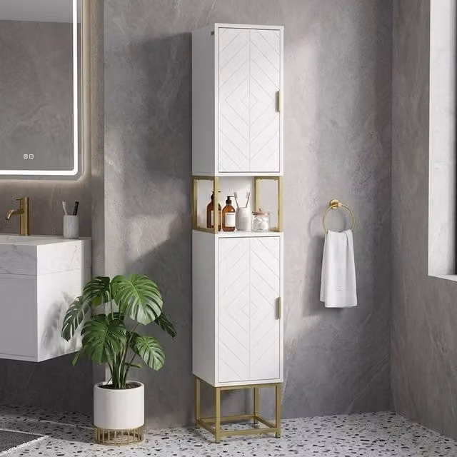 STILVORA Modern White and Gold Freestanding Bathroom Storage Cabinet with Hinged Doors and Internal Shelves – 1