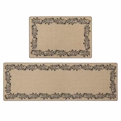 JVL Elegance Machine Washable Non-Slip Entrance Doormat and Runner Set with Floral Border in Black and Beige – 1