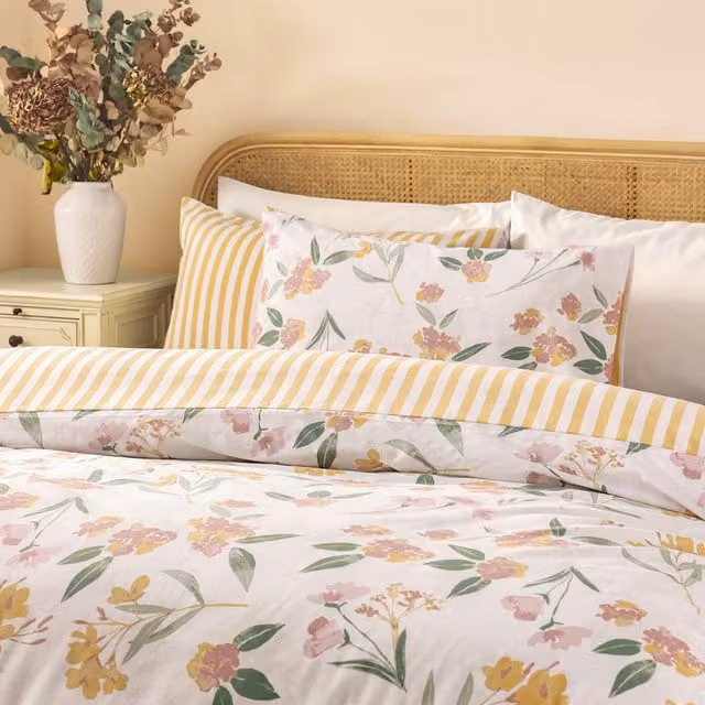 Betsie Floral Printed Reversible Duvet Cover Set, Yellow and Multicolour, 90 x 200 cm