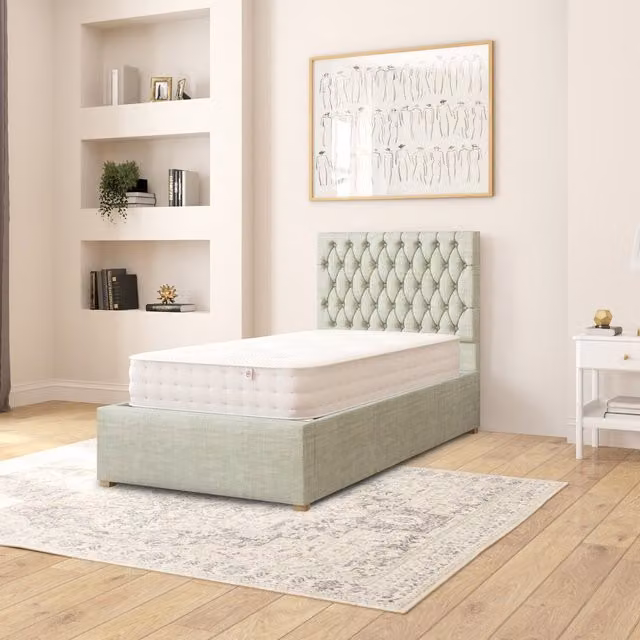 Aspire Monroe Upholstered Ottoman Storage Bed in Green Cotton Fabric, W/D/H: 90 x 190 cm