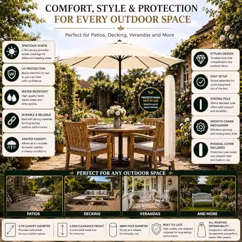 GlamHaus Garden Parasol Umbrella with UPF 40 Protection and Cover, Beige Polyester and Steel – 3