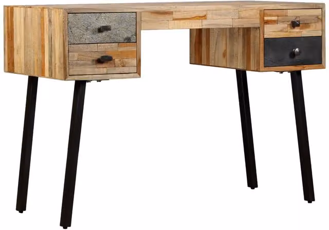 Berkfield Home Writing Desk in Solid Reclaimed Teak, Brown and Multicolour, W/D/H: 110 x 50 x 76 cm – 1