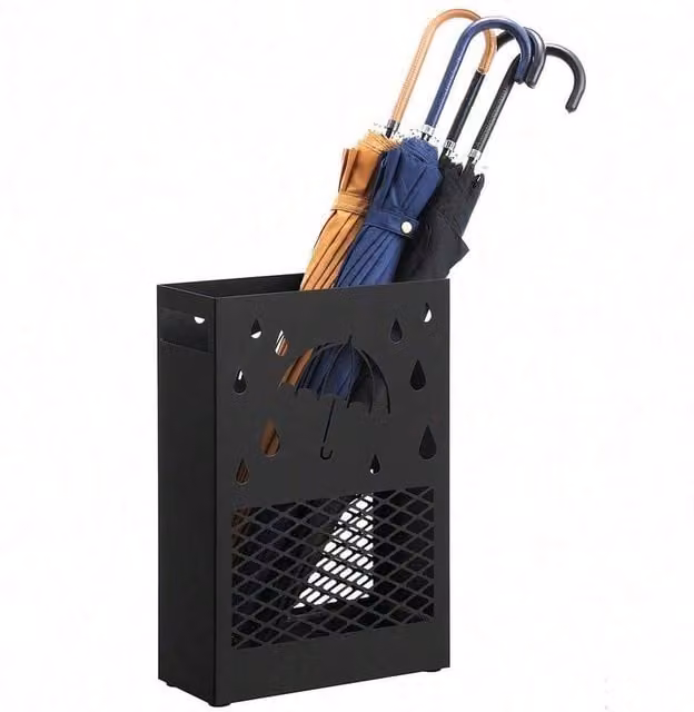 SONGMICS Black Metal Rectangular Umbrella Stand with Removable Drip Tray and Distributed Point Hooks