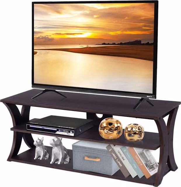 COSTWAY Retro Black Wood Media Console Table TV Stand with Media Compartments