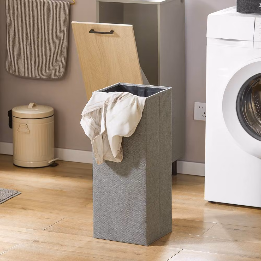 SoBuy Tall Narrow Bathroom Cabinet with Flip-Top Laundry Hamper in Light Oak – 3