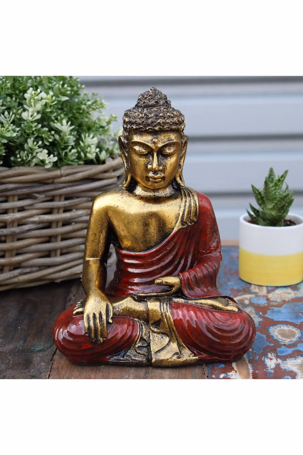KDMD Red and Gold Bali Hand-Painted Varada Buddha Statue, Large Resin Tabletop Art – 3