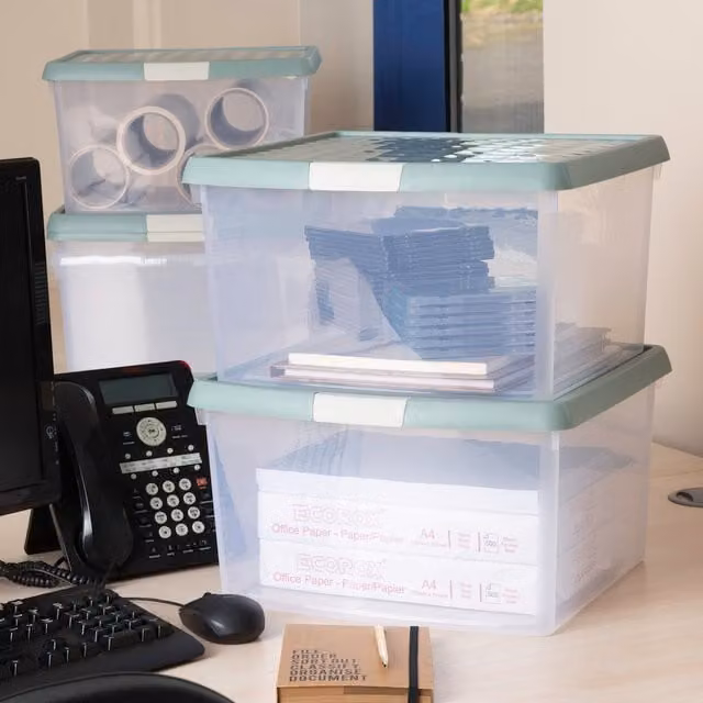 Wham Set of 5 Green Transparent 25.5L Square Plastic Storage Boxes with Lids and Handles