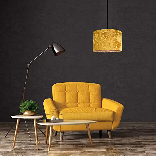 Happy Homewares Modern Yellow Crushed Velvet Cylinder Drum Lampshade with Copper Inner – 4