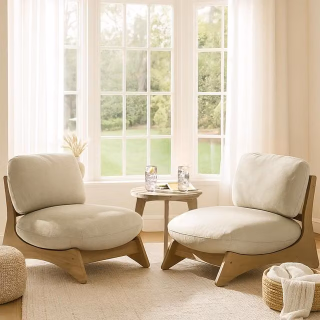 FurnitureboxUK Iko Acacia Wood and Cream Fabric Outdoor/Indoor Set with 2 Chairs and Round Side Table in Brown and Beige – 1