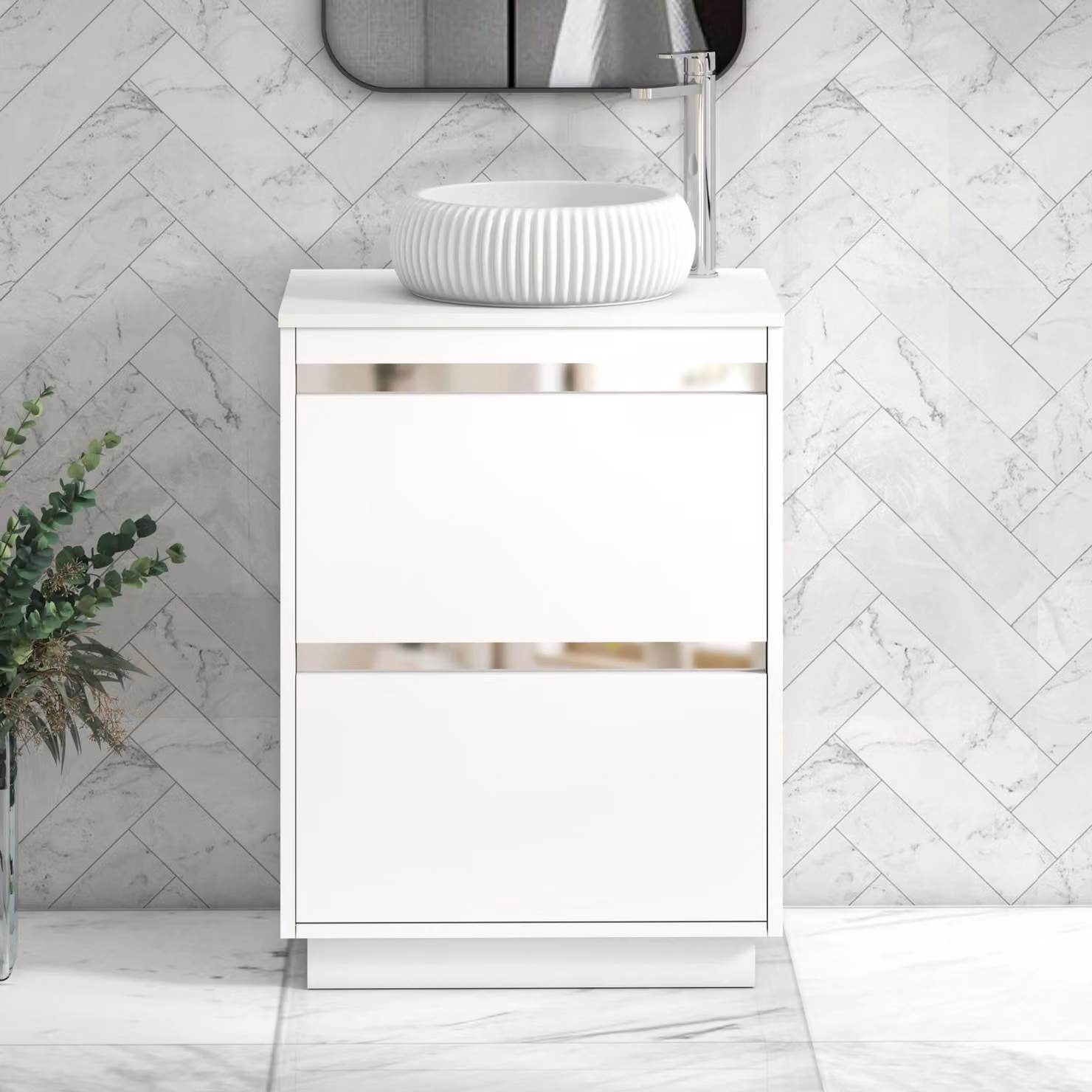 Royal Bathrooms Orion 600mm Matt White Floor Standing 2 Drawer Vanity Unit with Milan Basin and Chrome Accent Trim