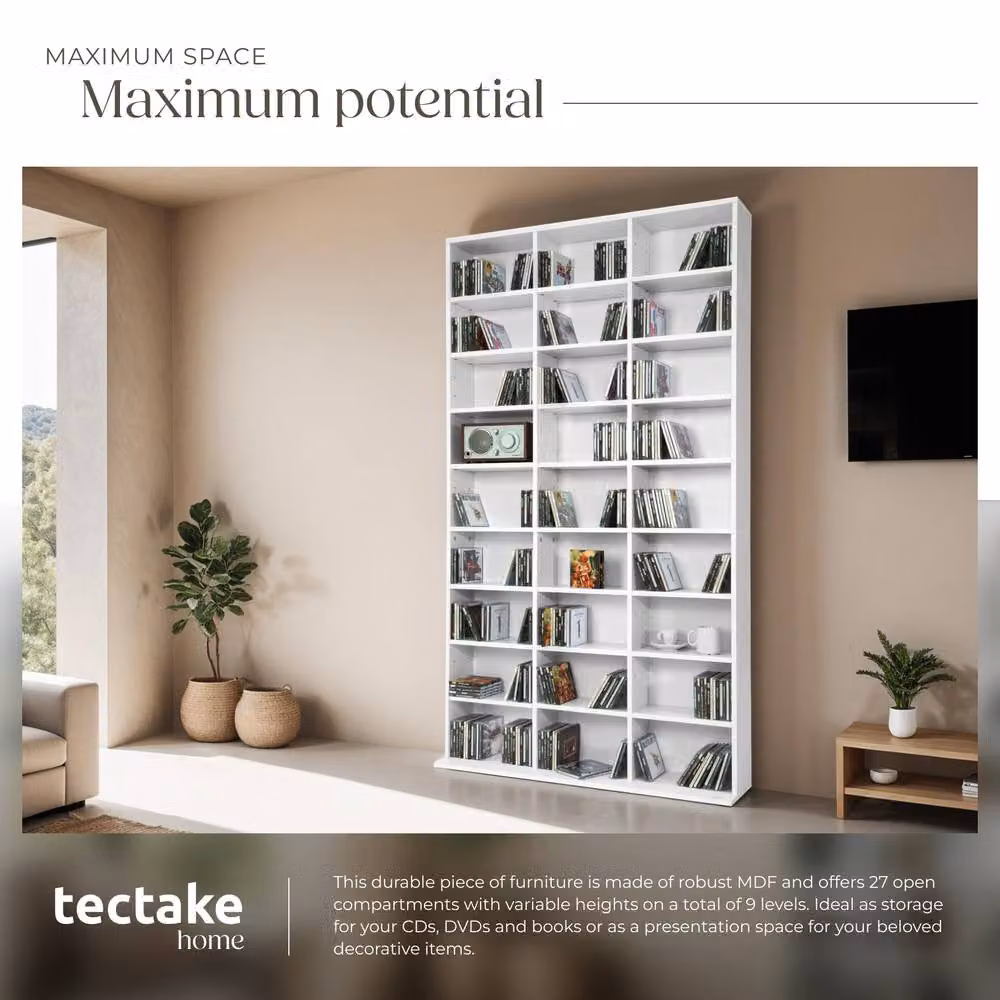 tectake Christel CD Shelf Unit in White with 27 Compartments and Adjustable Shelves – 2
