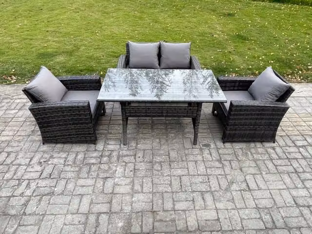Fimous Dark Grey Rattan Garden Furniture Set with Rectangular Dining Table and Lounge Sofa