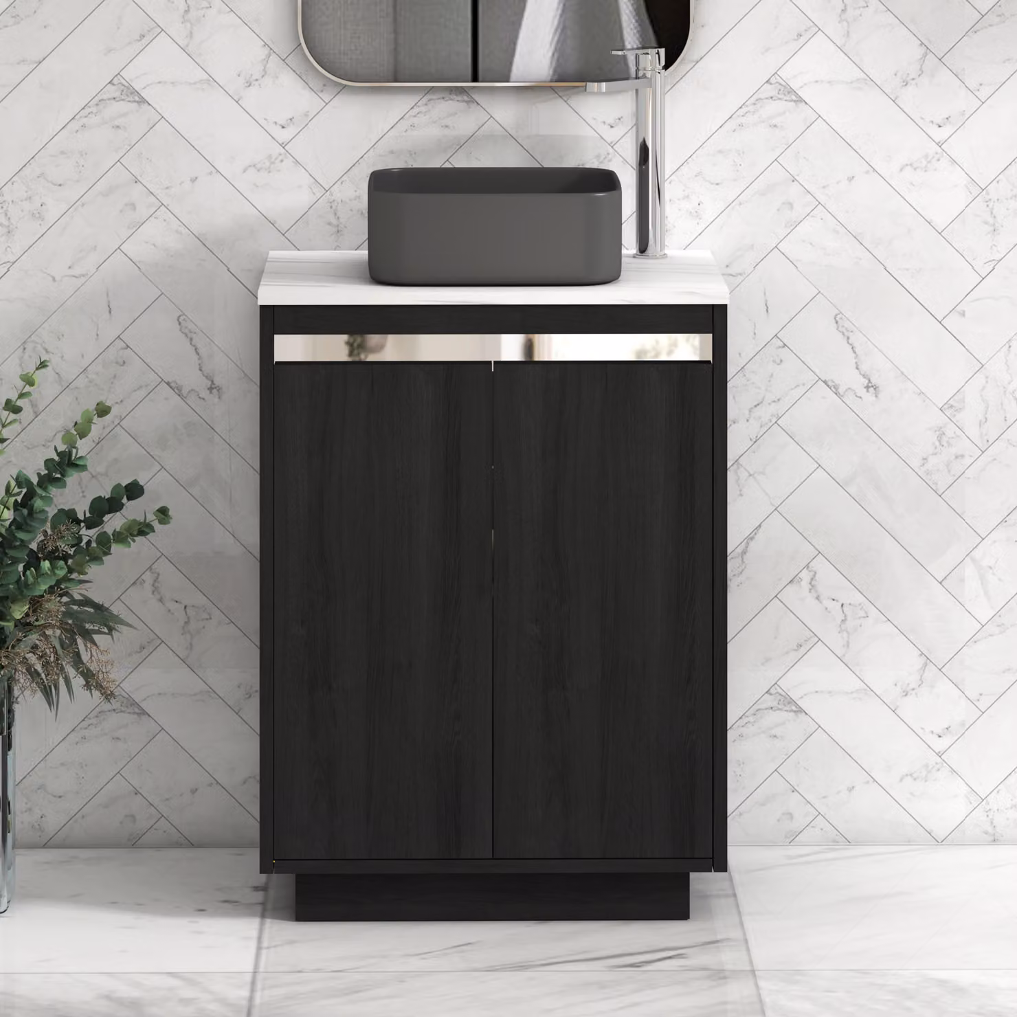 Royal Bathrooms Orion 600mm Hale Black Floor Standing 2 Door Vanity Unit with Carrara White Art Square Basin and Chrome Accent Trim