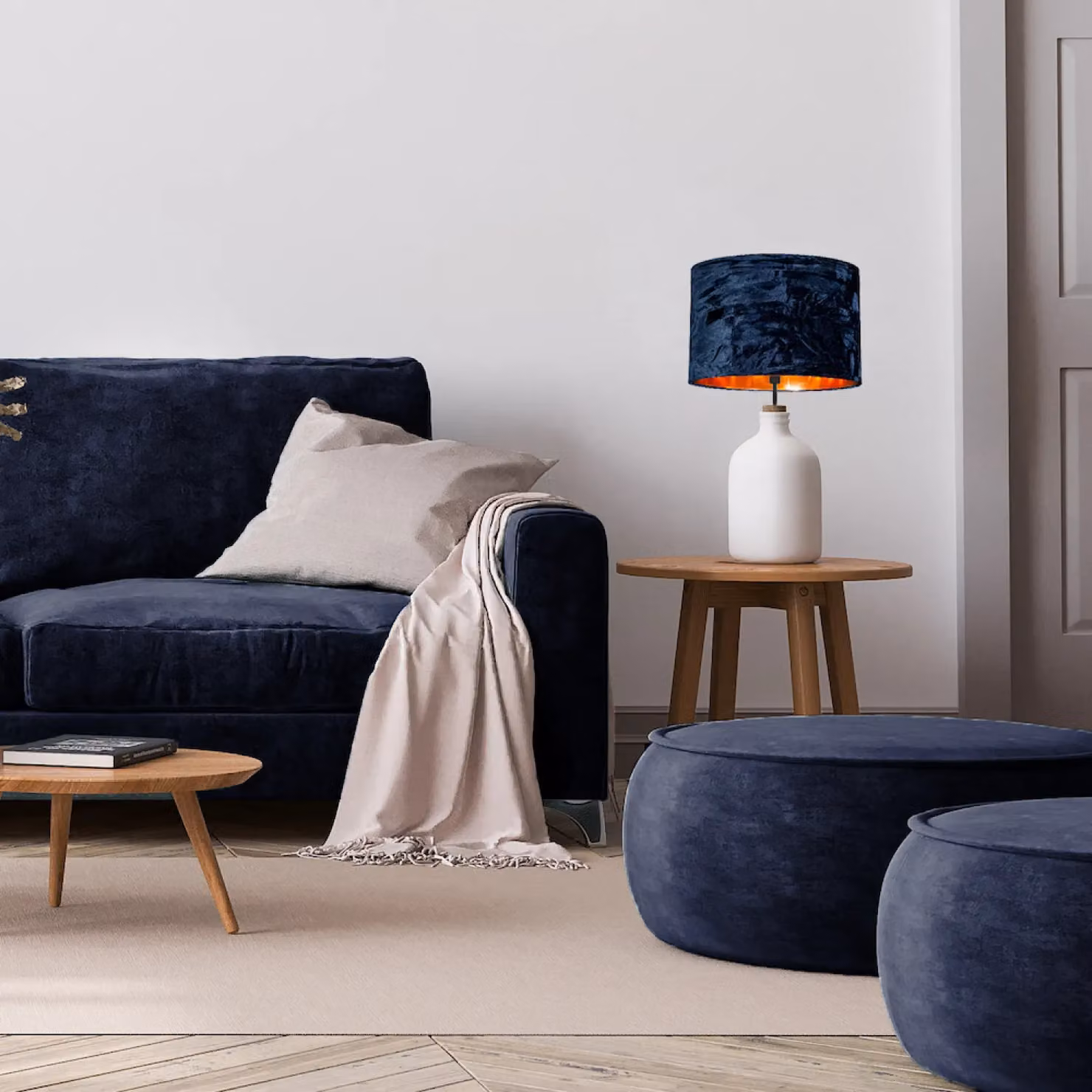 Happy Homewares Midnight Blue Crushed Velvet Circular Drum Lampshade with Copper Inner, Diameter: 25.4 cm – 7