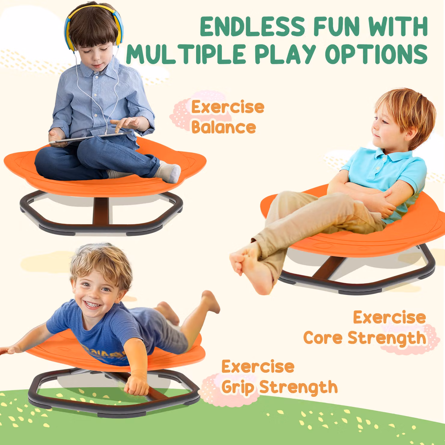 AIYAPLAY Planet-Shaped Kids Swivel Chair, Orange Sensory Spinning Chair for Balance and Coordination Training – 4
