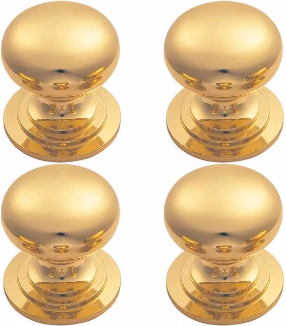 Loops Set of 4 Victorian Round Cupboard Door Knobs, Polished Brass, 42mm Diameter