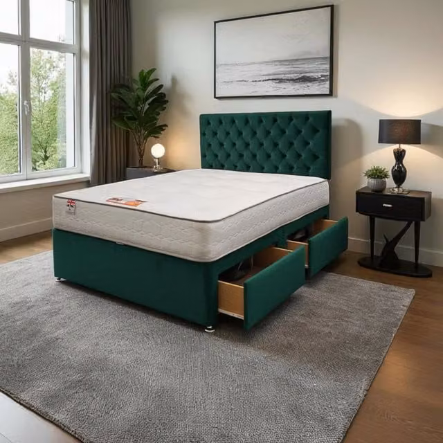 Knight Sleep Athens Plush Bed Set with Mattress and 24 inch Headboard in Emerald Green, W/D/H: 140 x 200 cm
