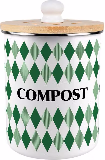 Purely Home Green Argyle Metal Compost Caddy with Flip Lid, 2L