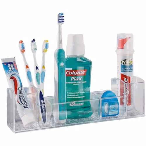 mysmartbuy Multi-Compartment Bathroom Organiser, Transparent Plastic Caddy, W/D/H: 30 x 7.5 x 8 cm