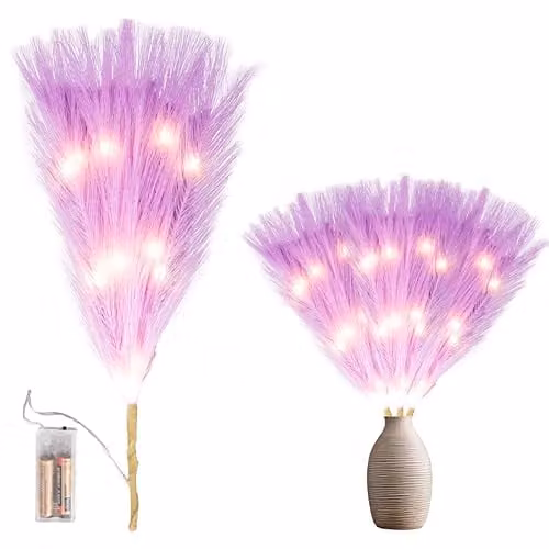SHATCHI Purple Prelit Pampas Grass Stem with Warm White LEDs, 45 cm Height