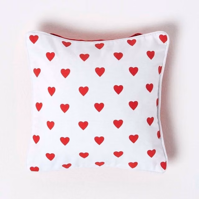 Homescapes Cotton Hearts Cushion Cover, Red and White, W/D/H: 30 x 30 x 30 cm