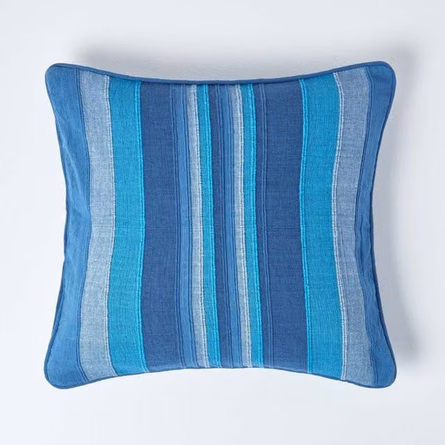 Homescapes Morocco Blue Striped Cotton Square Cushion Cover, W/D/H: 60 x 60 x 60 cm