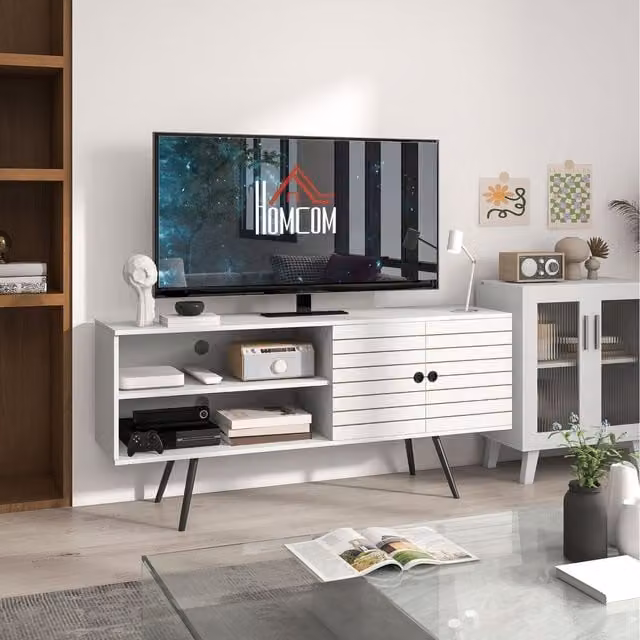HOMCOM Modern White TV Stand Cabinet with Open Shelves and Cable Holes, Width: 145 cm
