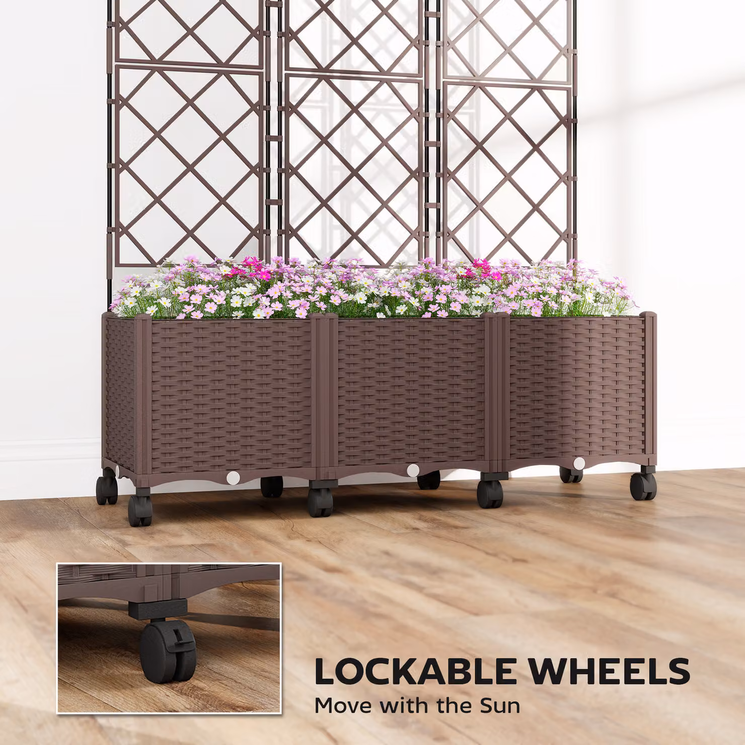 Outsunny Brown Plastic Raised Planter with Trellis and Wheels, Self-Watering Raised Bed for Vegetable, Herb or Ornamental Gardens, W/D/H: 120 x 40 x 192 cm – 6