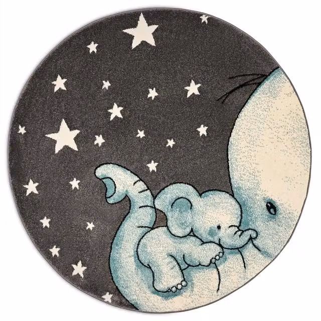 Bravich Blue and Grey Kids Baby Elephant Round Rug, Diameter: 160 cm