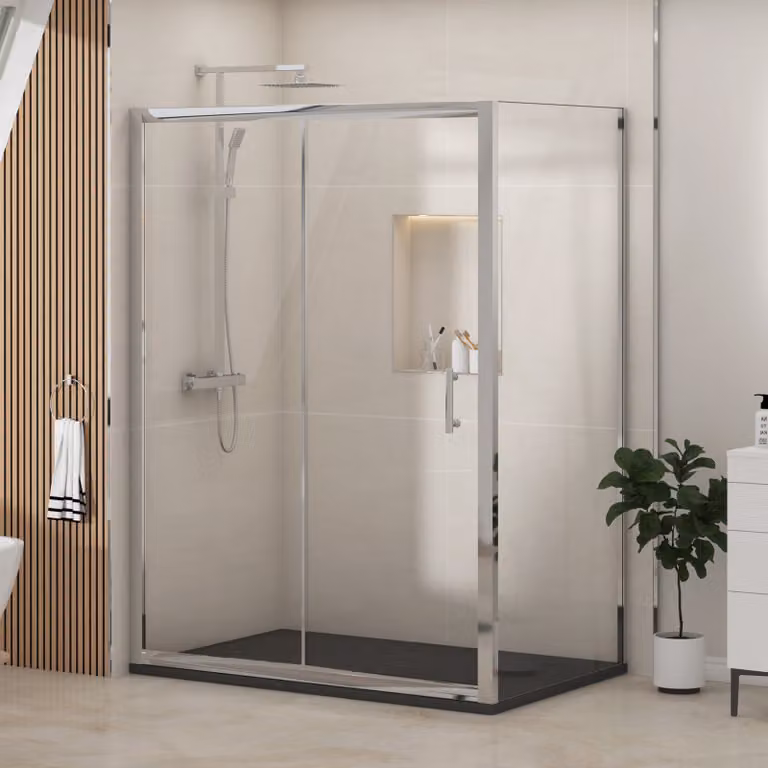Royal Bathrooms Grand Sliding Door Shower Enclosure with Side Panel and Black Slate Effect Mineral Cast Stone Shower Tray, W: 120 cm, D: 80 cm, H: 185 cm, 6mm Transparent Glass