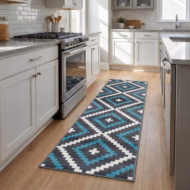 Bravich LTD Modern Geometric Tile Hallway Runner Rug, Non-Slip Low Pile in Teal, W: 60 cm, L: 180 cm
