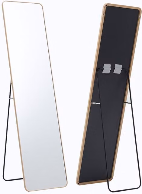 Kidkid Modern Rectangular Freestanding Mirror with Metal Frame in Gold