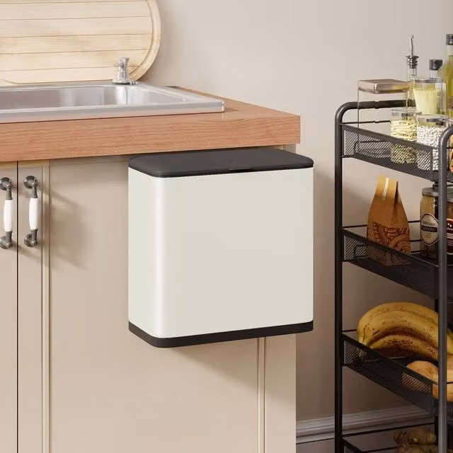 HOMCOM Hanging Kitchen Bin with Stay-Open Flip Lid and Removable Inner Bucket, Cream/Beige/White