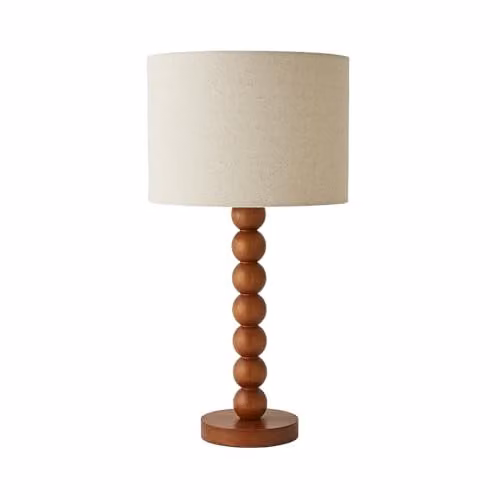 ValueLights Wyatt Bobbin Table Lamp with Natural Linen Drum Shade and LED Bulb, Brown Wood