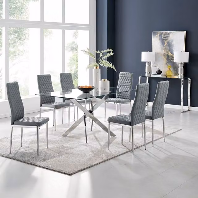 FurnitureboxUK Leonardo Glass and Chrome Metal Dining Table and 6 Milan Chairs Dining Set in Grey and Transparent – 1