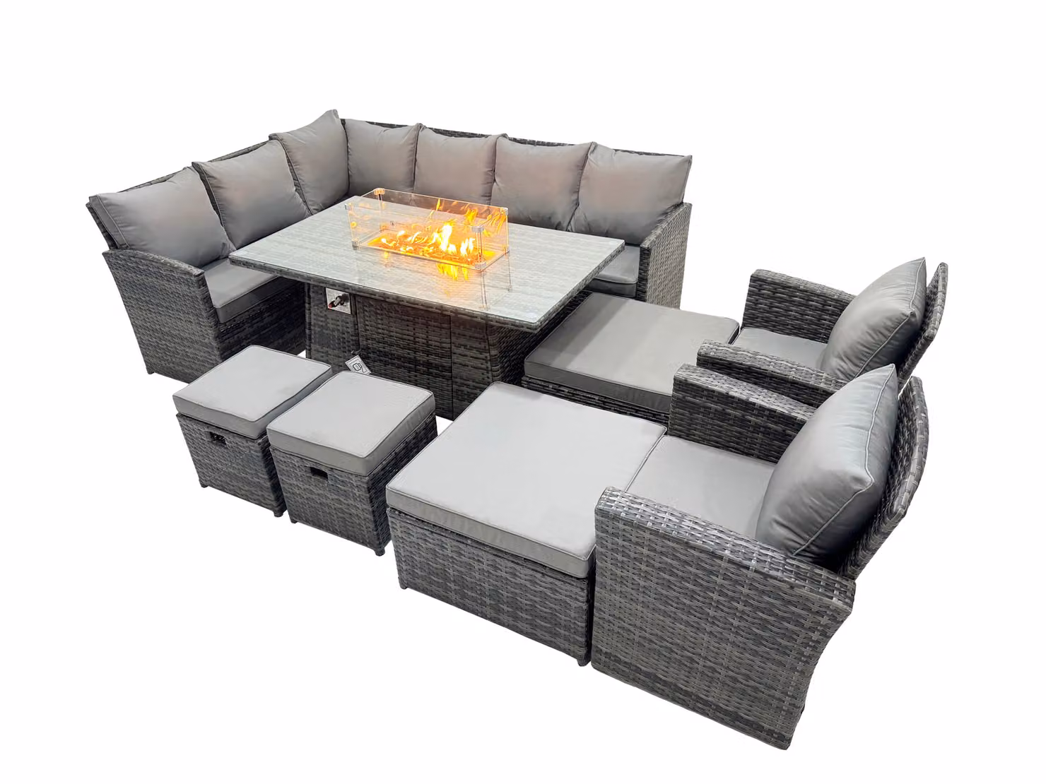 Fimous 12 Seat Gas Firepit Dining Table Corner Sofa Set with 4 Stools and 2 Chairs in Dark Grey – 2