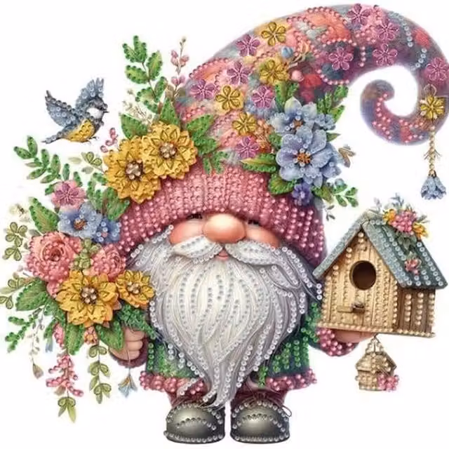 Syntego Gardening Gnome and Birdhouse Diamond Art Canvas in Multicolour and Yellow