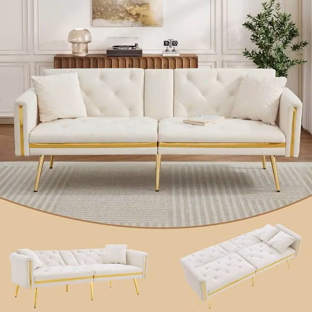 ModernLuxe Convertible 2-Seater Velvet Sofa Bed with Adjustable Backrest and Cup Holders in White