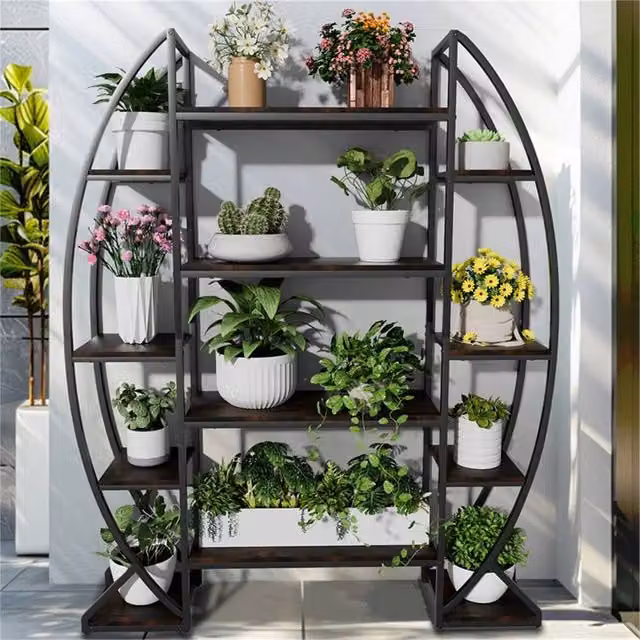Nordara 8 Tier Large Curved Oval Plant Stand Staggered Flower Rack in Black