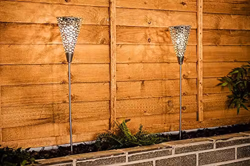 LIVIVO 2pc LED Solar Garden Stake Lights in Silver with Warm White Light and Dusk Sensor – 8