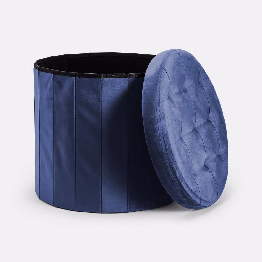 OHS Matte Velvet Round Ottoman Storage Stool in Navy Blue – 2