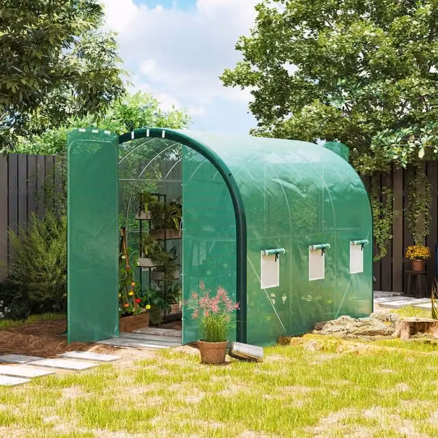Outsunny Upgraded Walk-in Polytunnel Greenhouse in Green with Double-Wing Door and Window, 6 m²