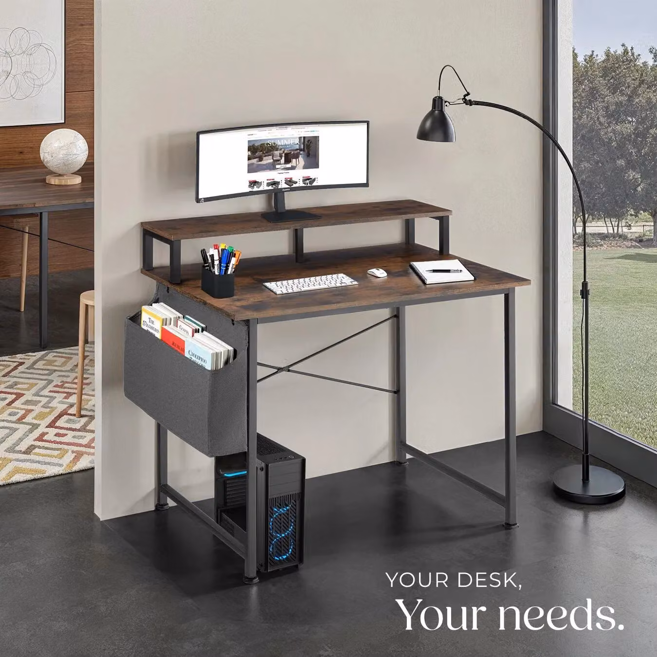 tectake Industrial Computer Desk with Shelving and Fabric Storage Bag in Brown and Black, W: 120 cm, D: 60 cm – 6